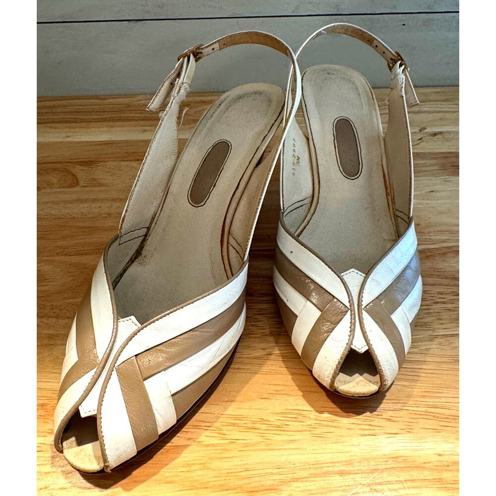 Vintage Kinney Women's Sling Back Leather Open-Toe Heels Cream & Beige Size 7.5